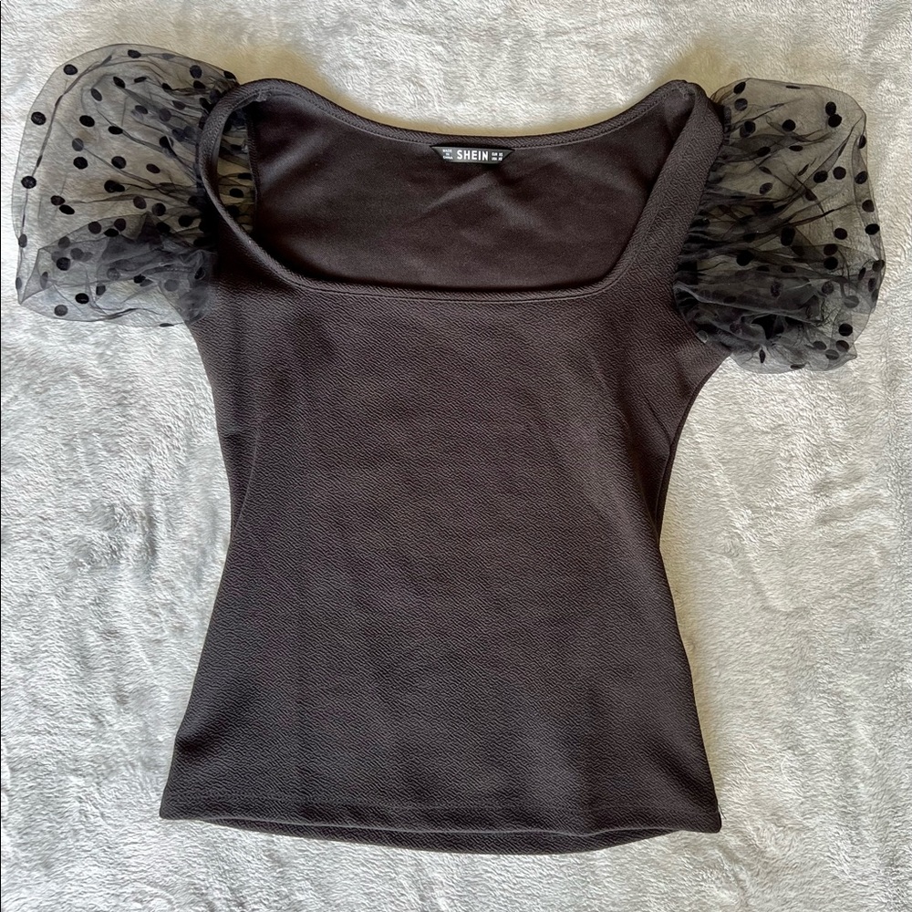 SHEIN Black Polka Dot Mesh Sleeves Top